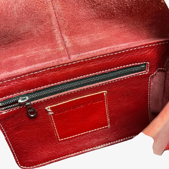 CHRISTOPHER KON Red Wide Strap Shoulder Bag Flap Pocket Purse Genuine Leather - Picture 16 of 16